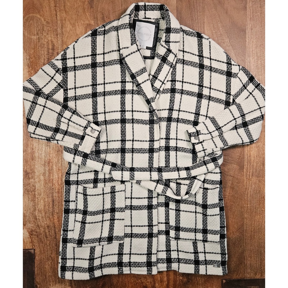 Bellfield Belted Cardigan Womens Small Black Tan Plaid Long Winter Sweater